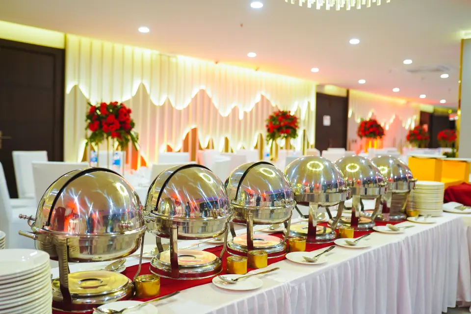 Silver buffet chafing dishes at a Melrose Arch event
