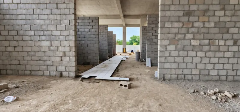 Block masonry in progress inside Sky Luxe