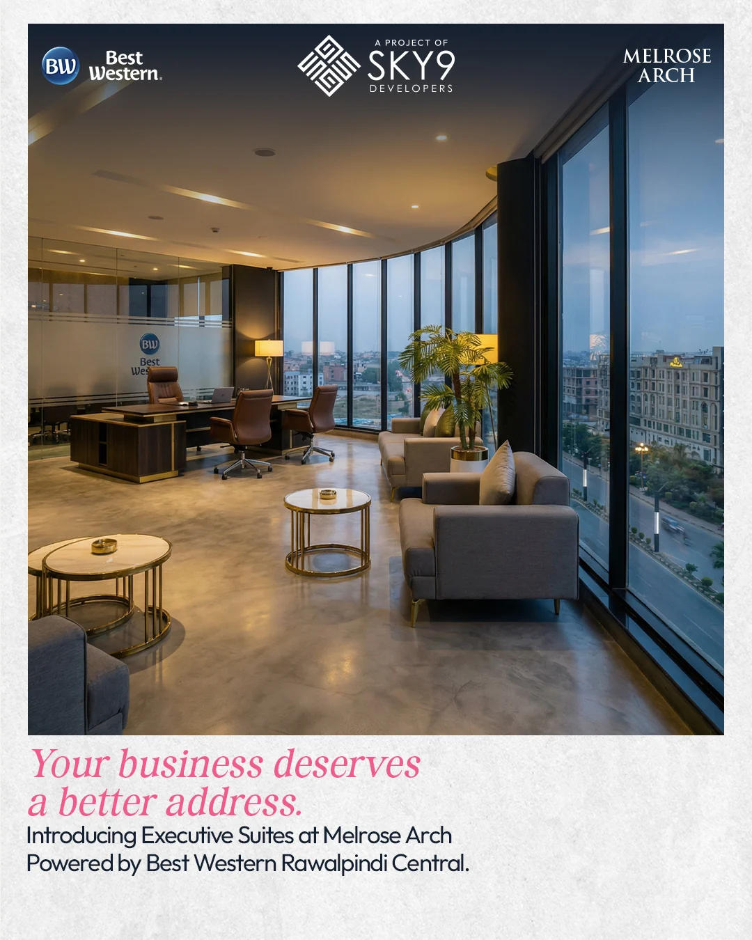 Executive suite at Melrose Arch with floor-to-ceiling views over Rawalpindi